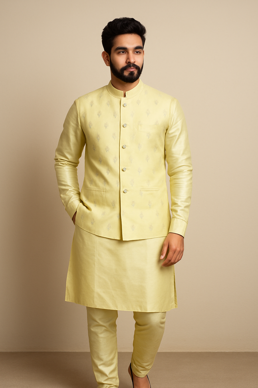 Mens Lime Green Kurta Set with Vest Jacket