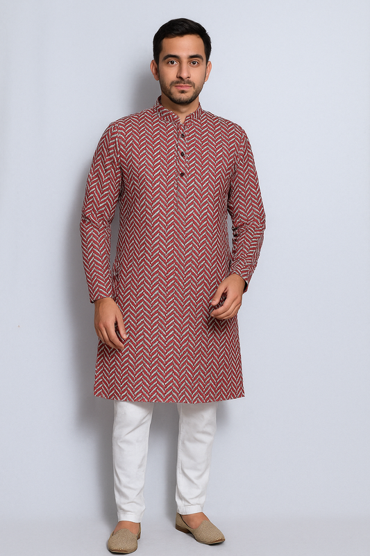 Mens Maroon Kurta Adorned with Ethnic Designs