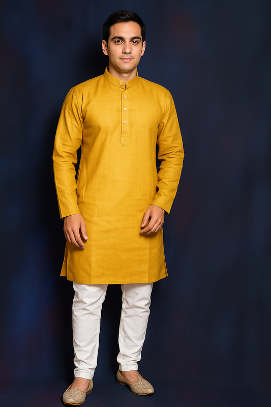 Mens Mustard Yellow Solid Kurta