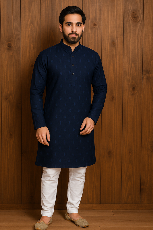 Mens Navy Blue Kurta Adorned with Ethnic Designs