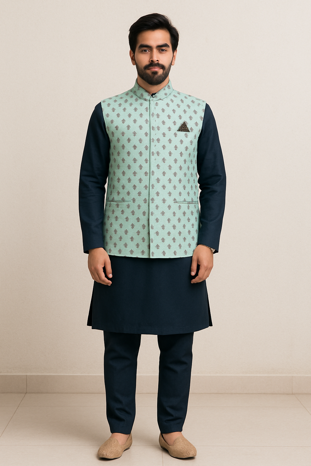 Mens Navy Blue Kurta Set with Printed Vest Jacket