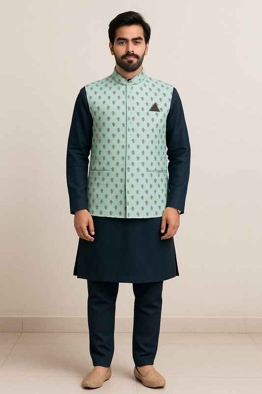 Mens Navy Blue Kurta Set with Printed Vest Jacket