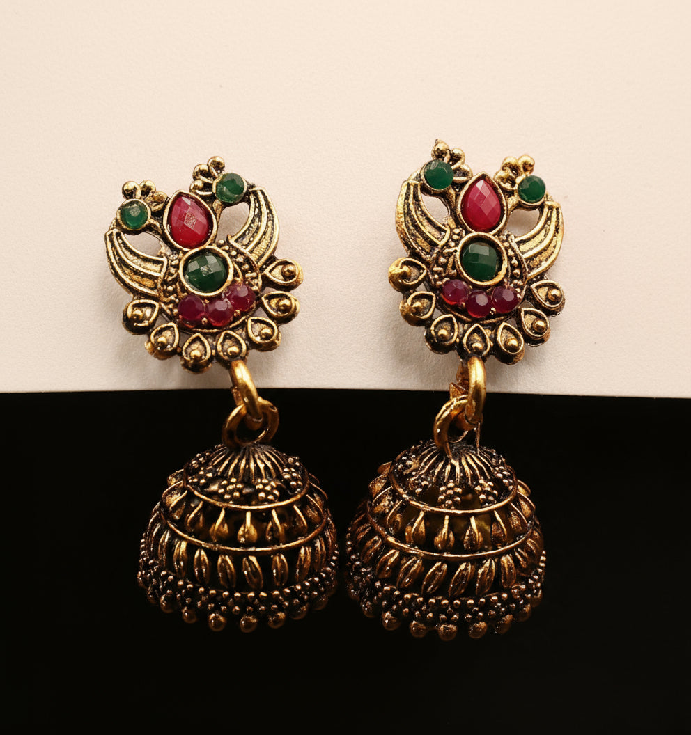 Gold Earrings with green and red gems 