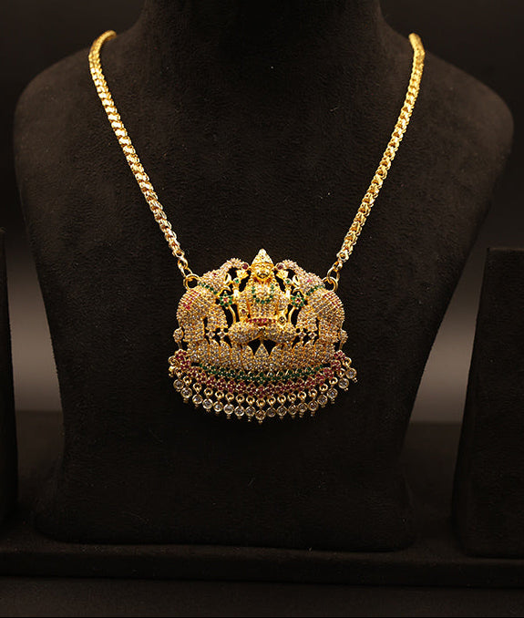 Gold necklace with a detailed Lakshmi pendant on a black stand