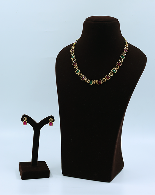 Elegant Emerald-Ruby Block Necklace Set
