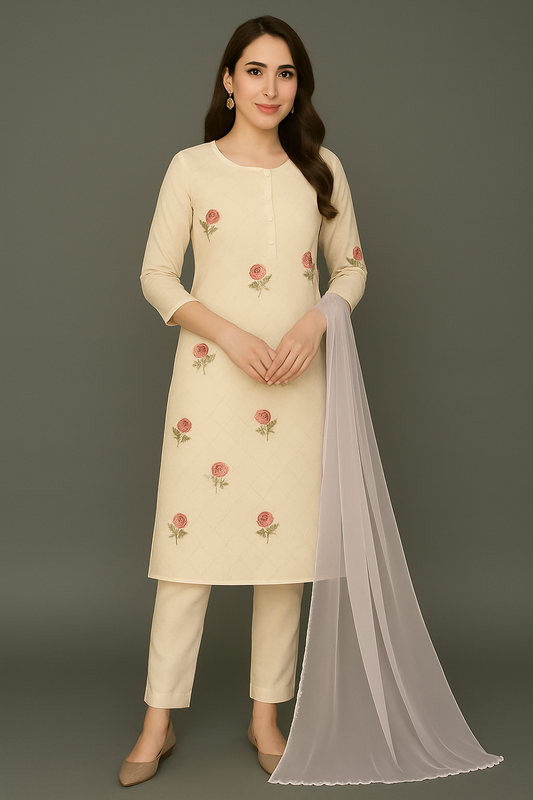 Charming White Floral Embroidered Kurta Set