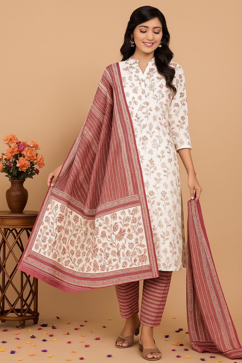 Sophisticated White Floral Kurta Set