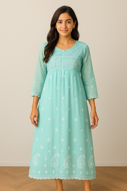Elegant Ice Blue Embroidered Maxi Dress