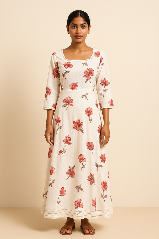 Refreshing White Floral Printed Maxi Dress with Kalis