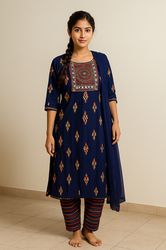 Elegant Embroidered Navy Blue Kurta Set