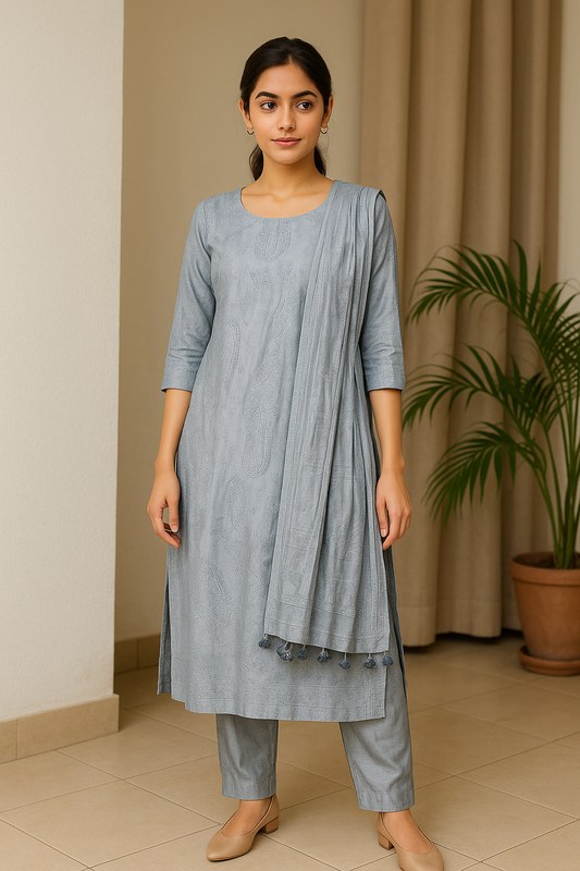 Bewitching Silver Embroidered Kurta Set