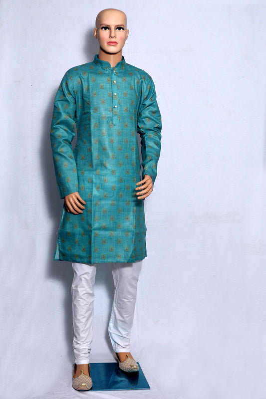 Mens Teal Green Ethnic Motifs Printed Kurta