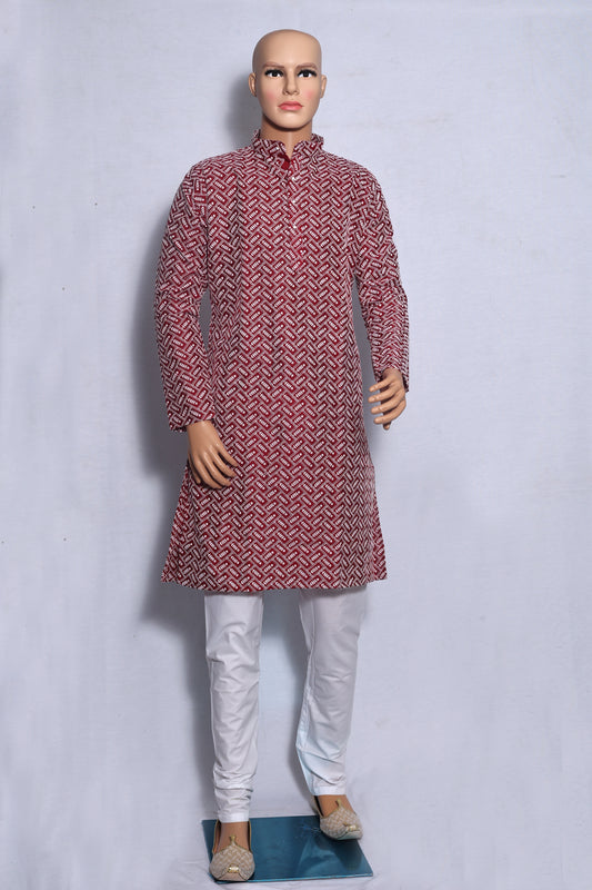 Mens Rich Maroon Kurta with Cultural Embroidery