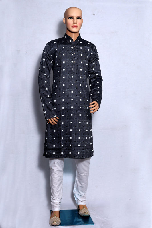 Mens Black Kurta with Geometric Square Pattern