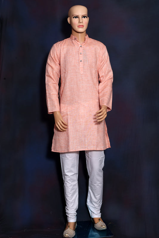 Mens Peachy Pink Solid Kurta