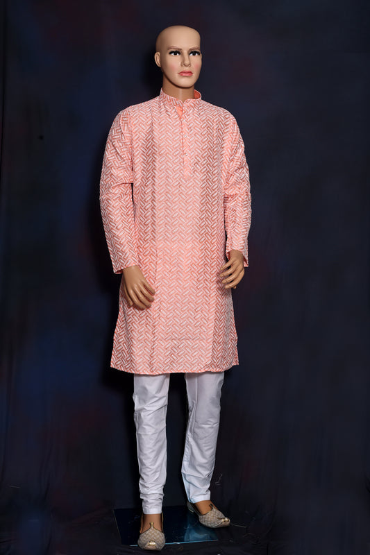 Mens Geometric Embroidered Orange Kurta