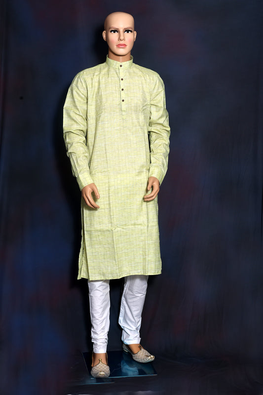 Refined Checkered Print Mens Lime Green Kurta