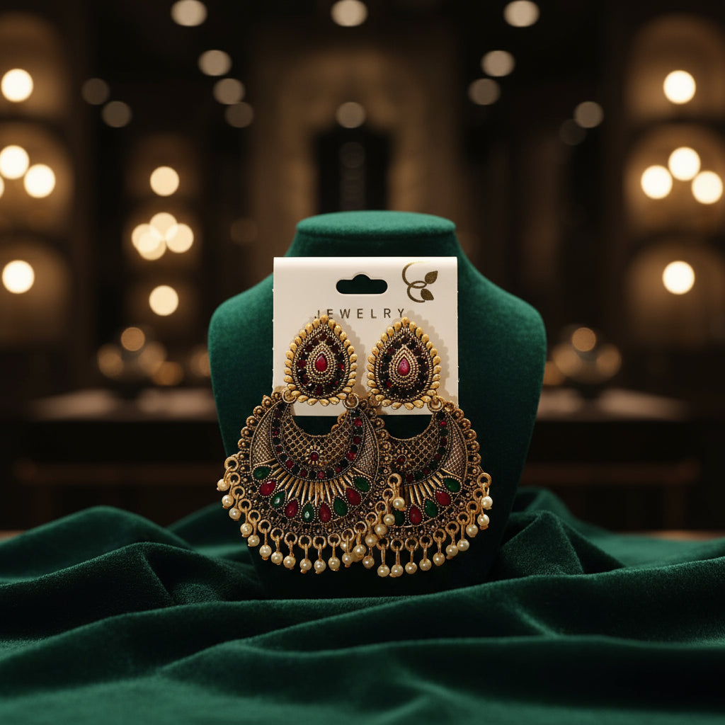 Ornate gold earrings with gemstones and pearls.