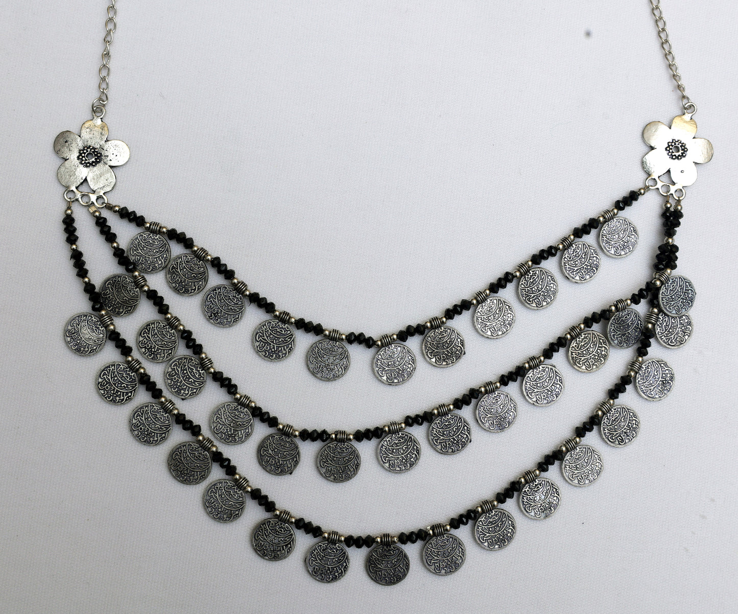 Oxidized Coin and Floral Detail Necklace