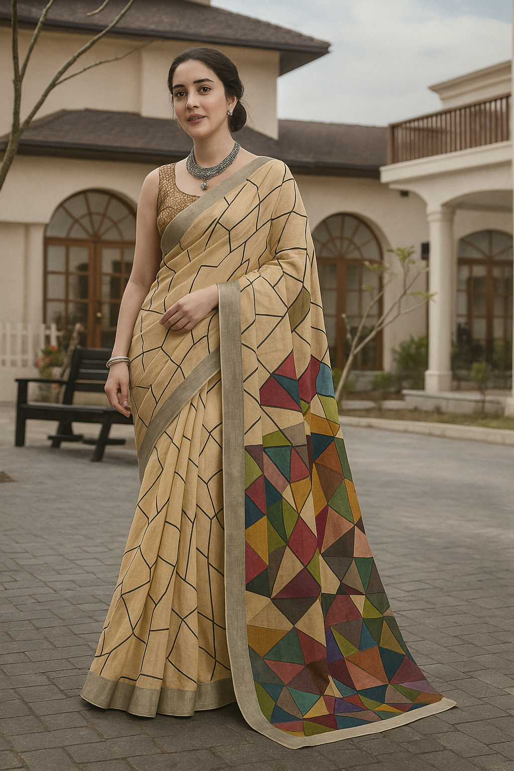 Sleek Cream Coloured Pre Draped Saree