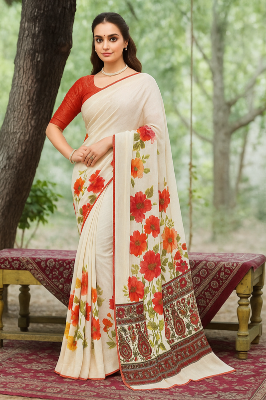 Velvety Cream Pre Draped Saree