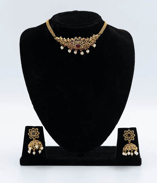 Fascinating Red Stone & Pearl Necklace Set